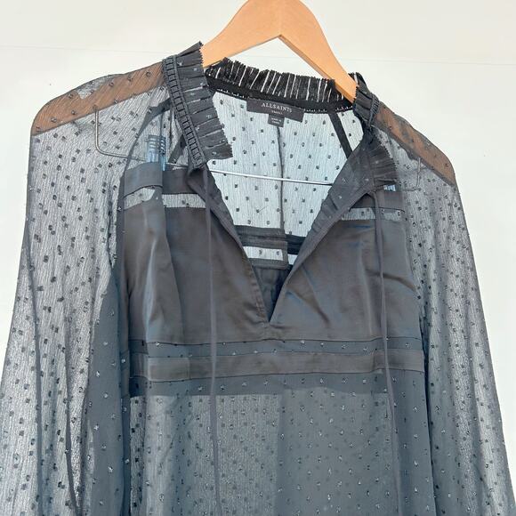 AllSaints Vida Shimmer Swiss Dot Long Sleeve Sheer Black Small Blouse Top - Picture 4 of 7